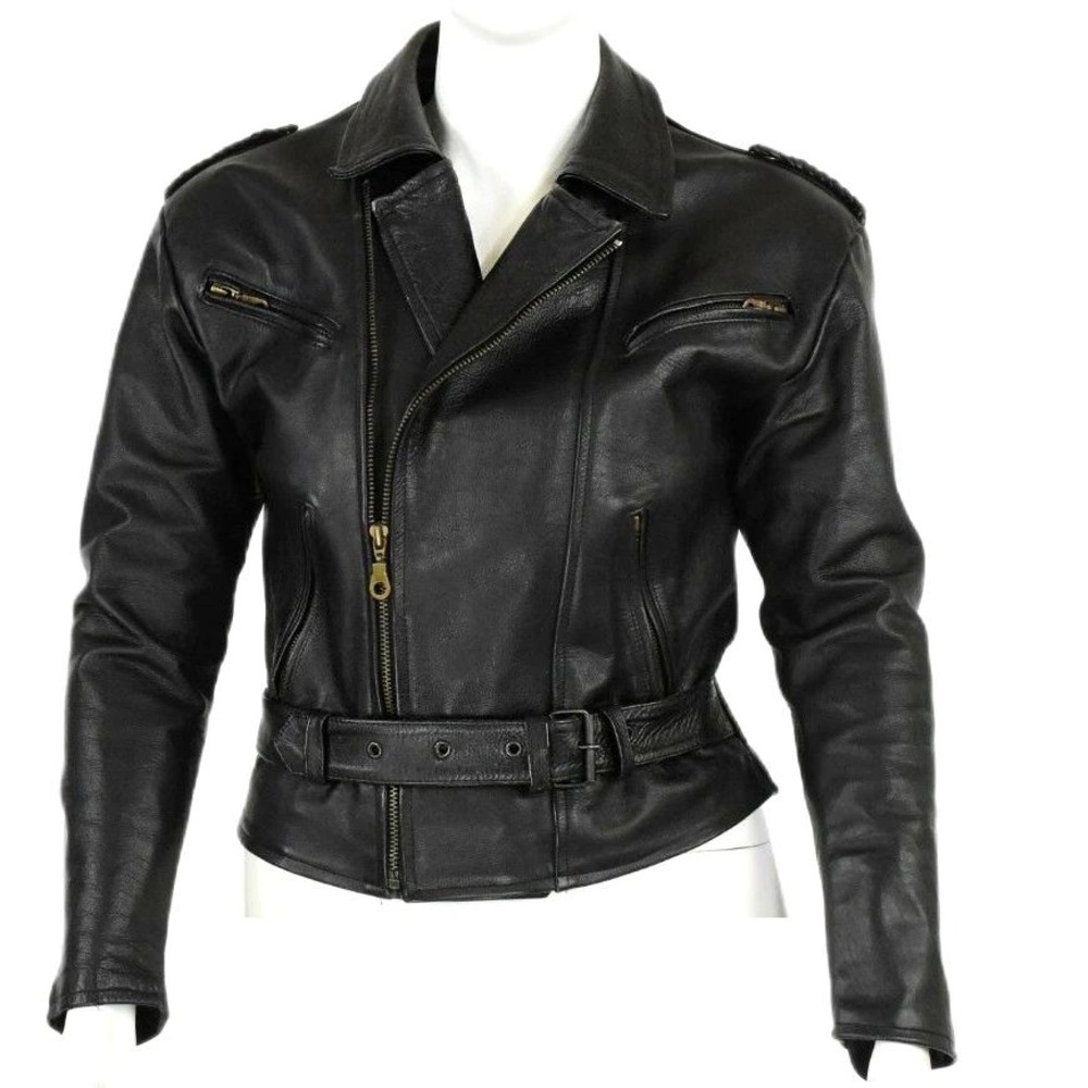 80s Vintage Black Leather Motorcycle Jacket Womens L Zip Belted Punk Biker Goth